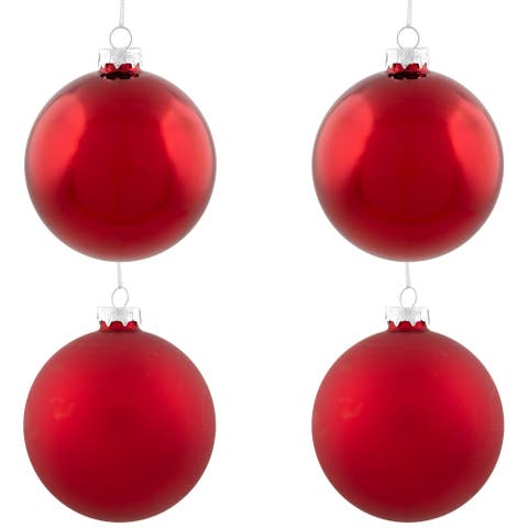 2-Finish Christmas Glass Ball Ornaments - 4" (100mm) - Red - 4ct