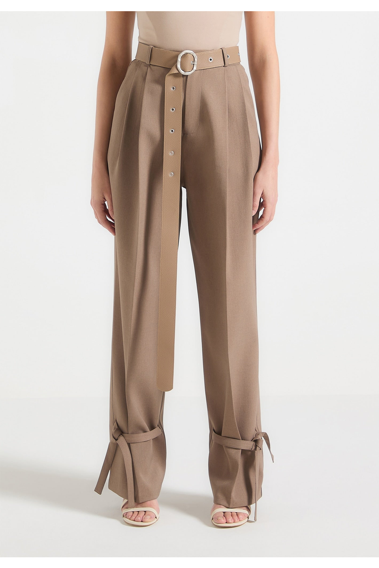Suzanne Wide Leg Trousers With Belt And Tie Ankle Detail, Alternate, color, Taupe