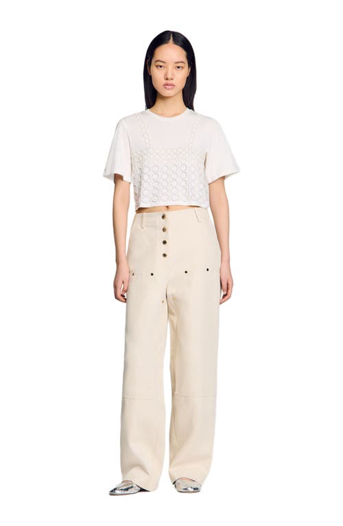 Sandro Womens Beaded Cropped Cotton T-shirt Naturels In White