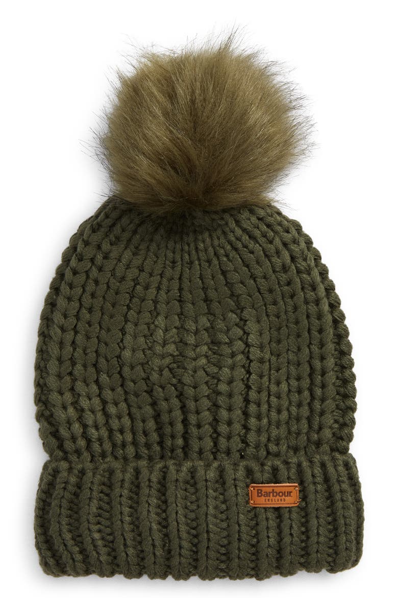Saltburn Faux Fur Pom Beanie, Main, color, OLIVE