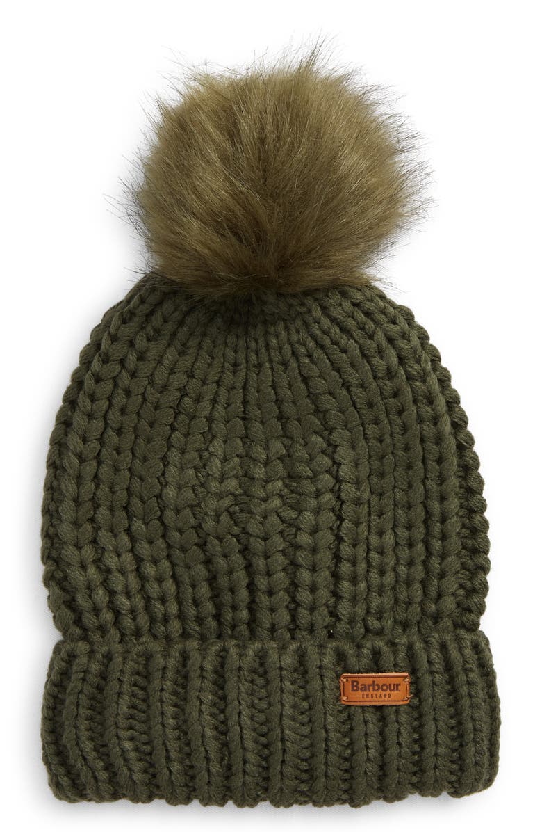 Barbour Saltburn Faux Fur Pom Beanie, Main, color, Olive