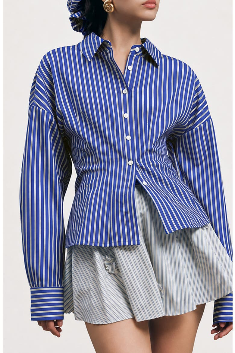 Hadley Pleated Stripe Cotton Blend Button-Up Top, Alternate, color, BLUE STRIPE