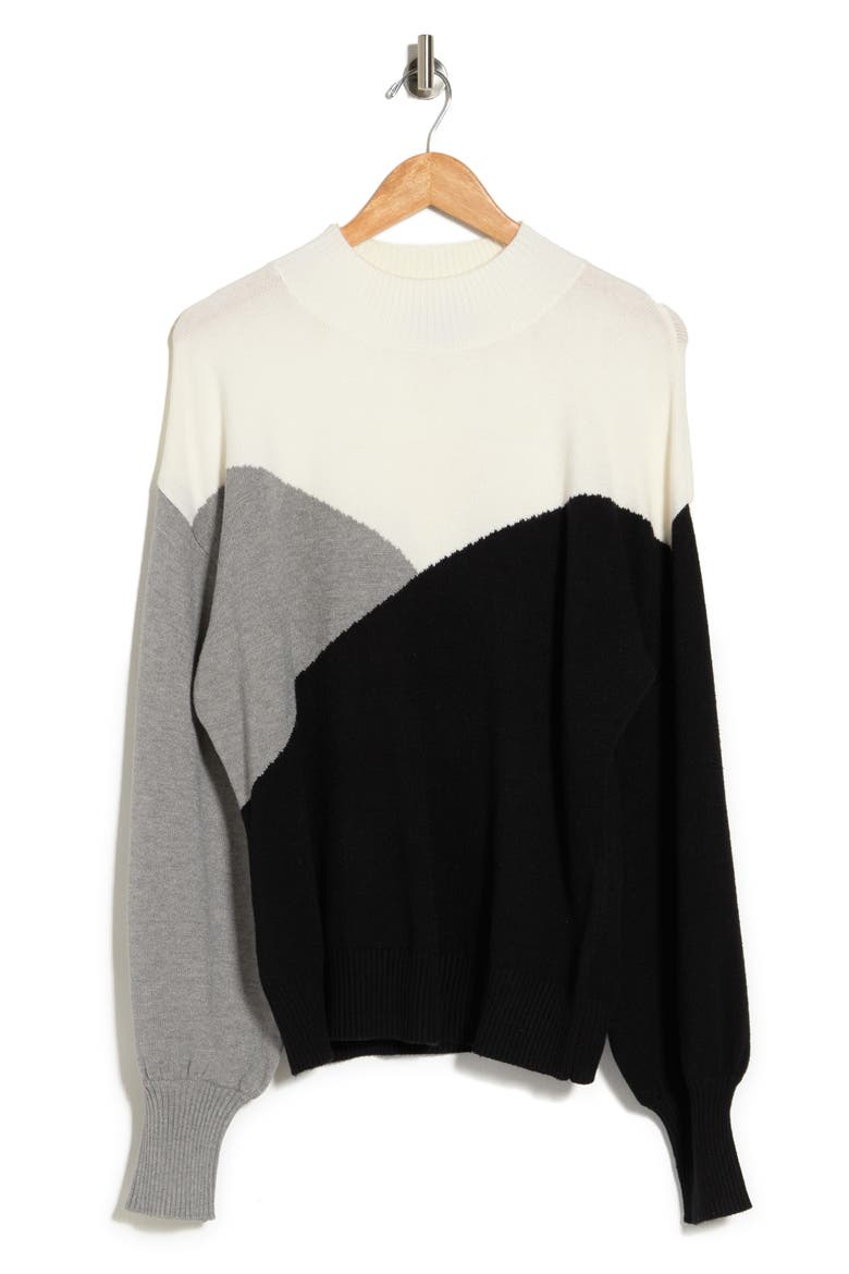 Colorblock Print Blouson Sleeve Sweater, Alternate, color, LT GREY MIX COMBO