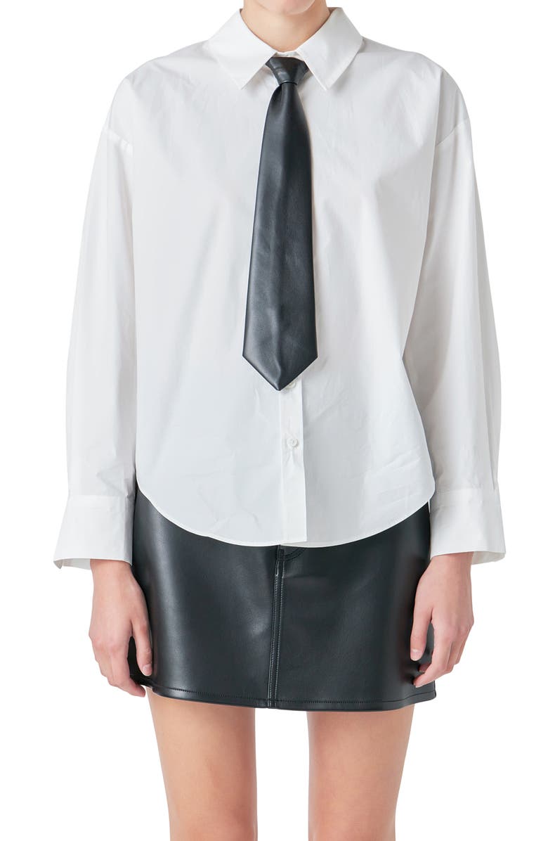 Grey Lab Faux Leather Necktie Button-Up Shirt, Alternate, color, White