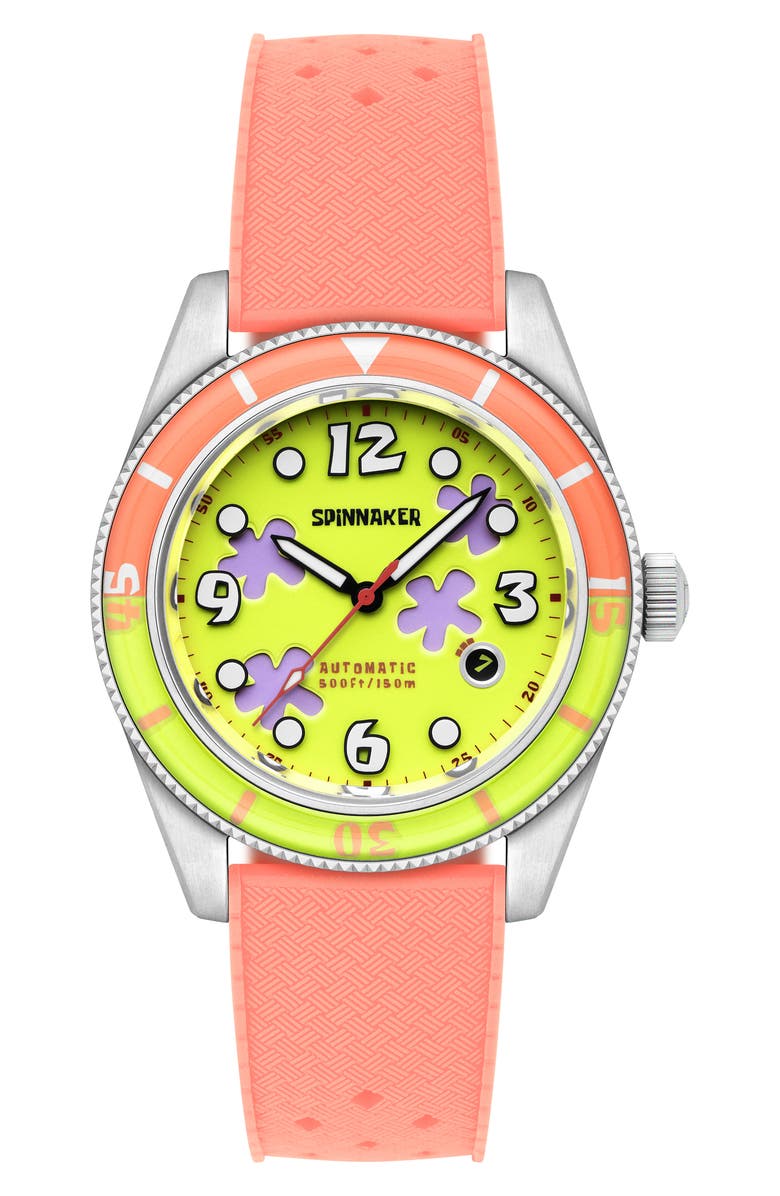 SPINNAKER Fleuss 'SpongeBob SquarePants<sup>™</sup>' Automatic Silicone Strap Watch, 43mm, Main, color, 