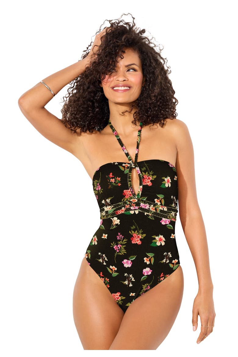 Braided Bandeau One Piece Swimsuit, Main, color, Black Ditsy Floral