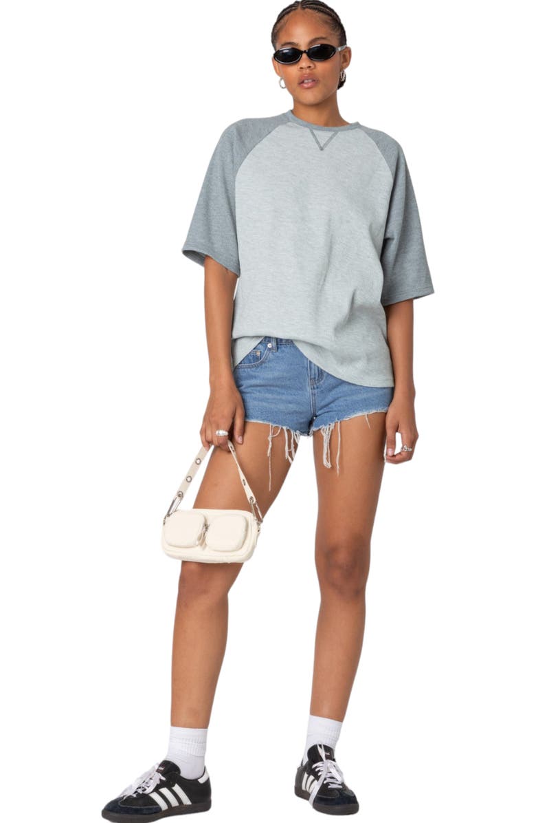 EDIKTED Oversize Raglan Sleeve Waffle Stitch Top, Alternate, color, Gray