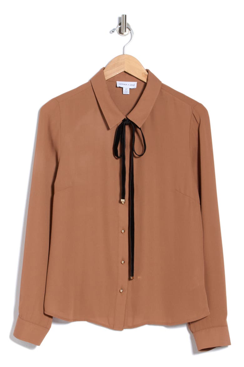 Velvet Tie Neck Georgette Shirt, Alternate, color, ACORN