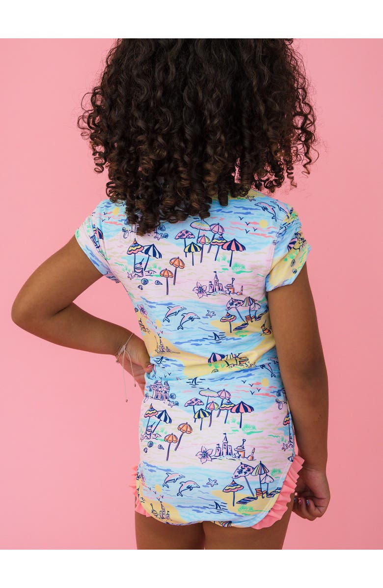 RuffleButts Girls Short Sleeve UPF50+ One Piece Rash Guard, Alternate, color, Beach Day