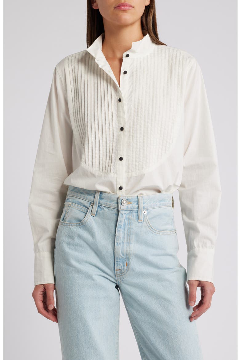 Pleated Tuxedo Button-Up Shirt, Main, color, WHITE
