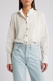 THE GREAT. Pleated Tuxedo Button-Up Shirt