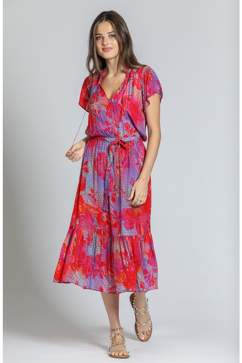 Print Short Sleeve Midi Dress, Alternate, color, PURPLE MULTI