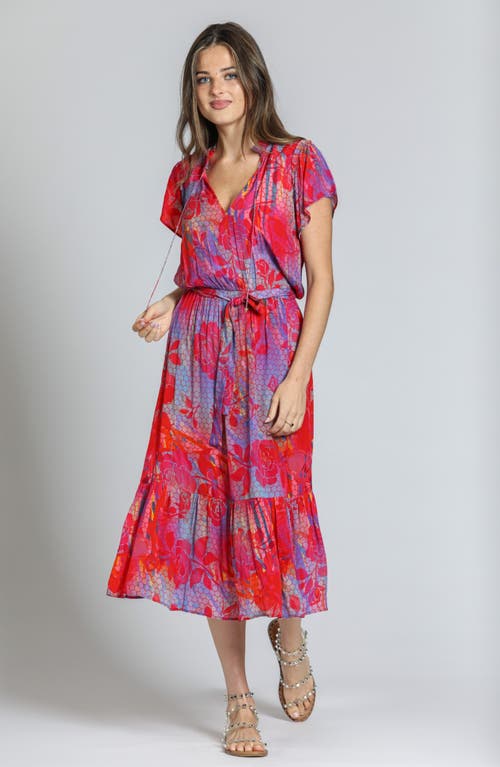 Apny Print Short Sleeve Midi Dress In Purple Multi