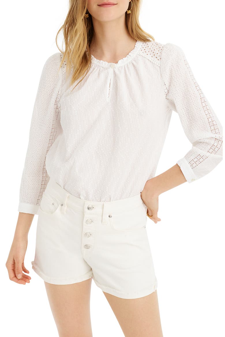 Mixed Eyelet Popover Top, Main, color, WHITE