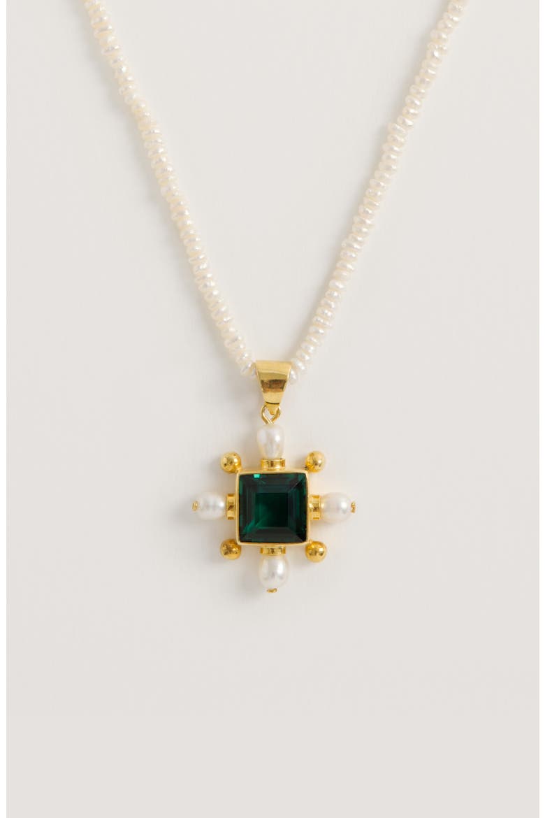 Seed Pearl Necklace with Green Quartz Cross Pendant, Alternate, color, Ivory