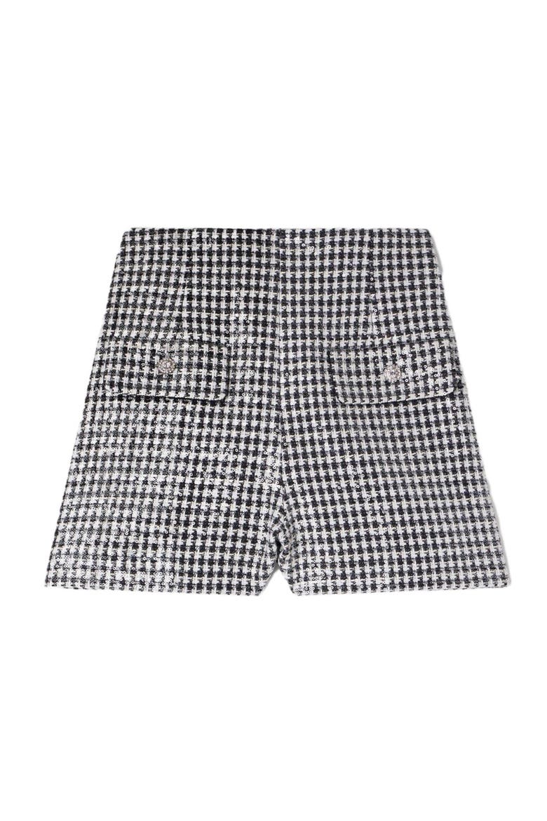 Sequin houndstooth tweed shorts, Alternate, color, Black / white