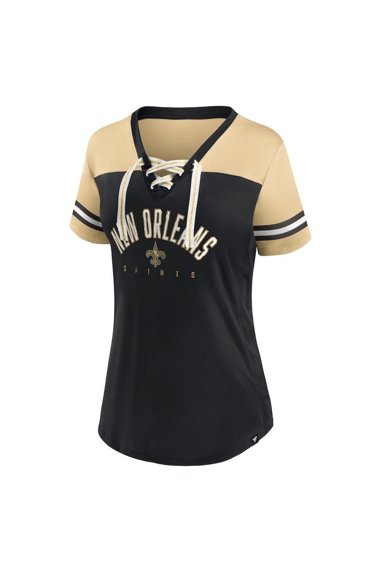 Women's Fanatics Branded Black/Vegas Gold New Orleans Saints Blitz & Glam Lace-Up V-Neck Jersey T-Shirt, Alternate, color, Black
