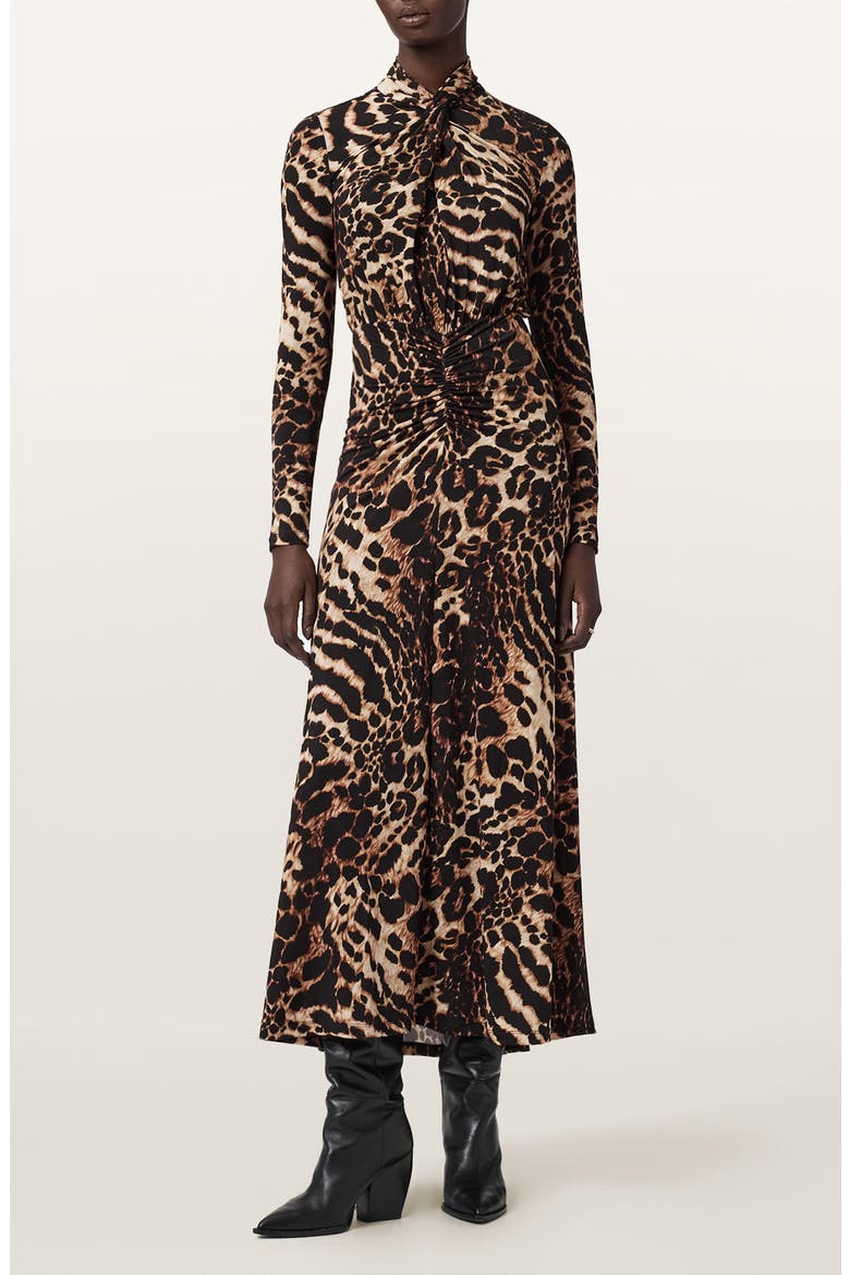 Mina Ruched Print Long Sleeve Maxi Dress, Main, color, PARDUS HONEY BROWN