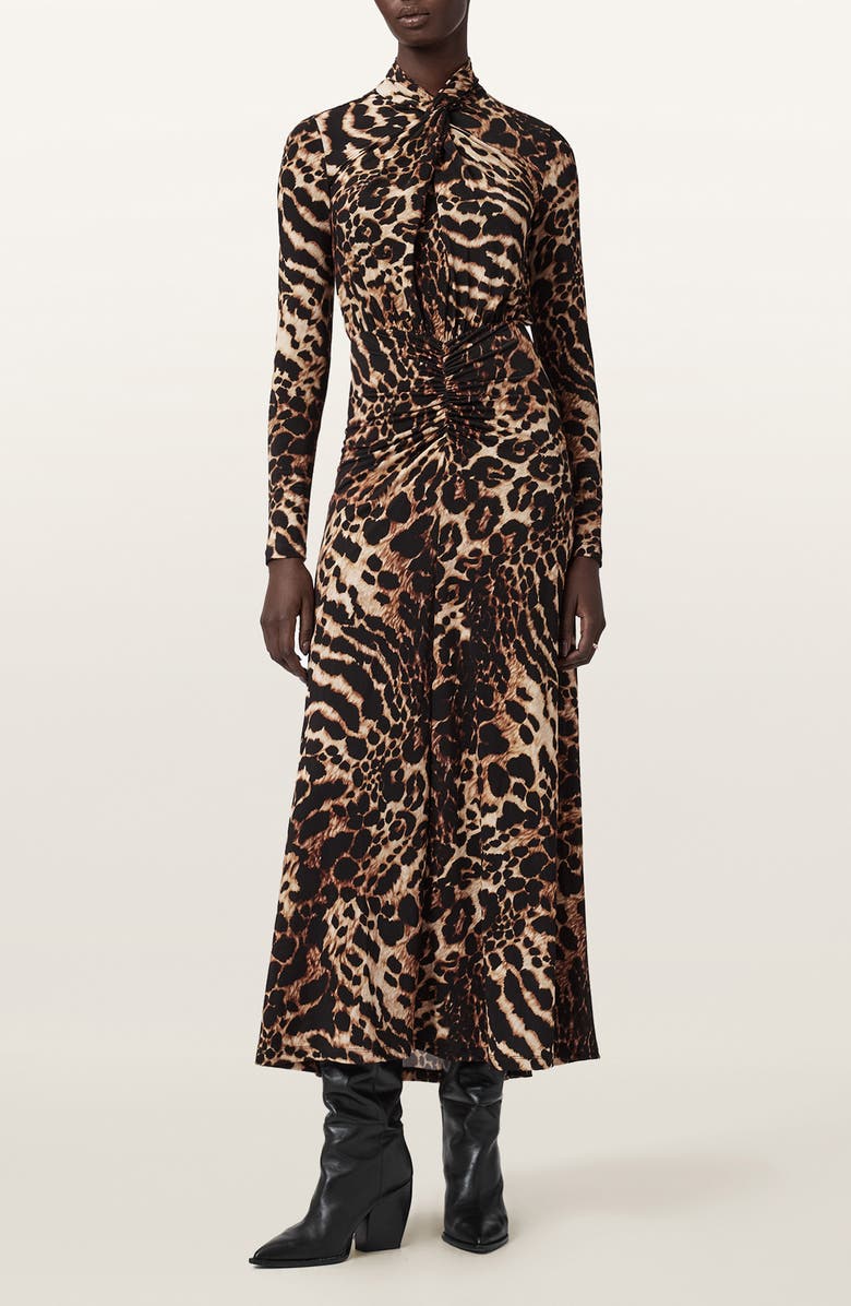 AllSaints Mina Ruched Print Long Sleeve Maxi Dress, Main, color, Pardus Honey Brown