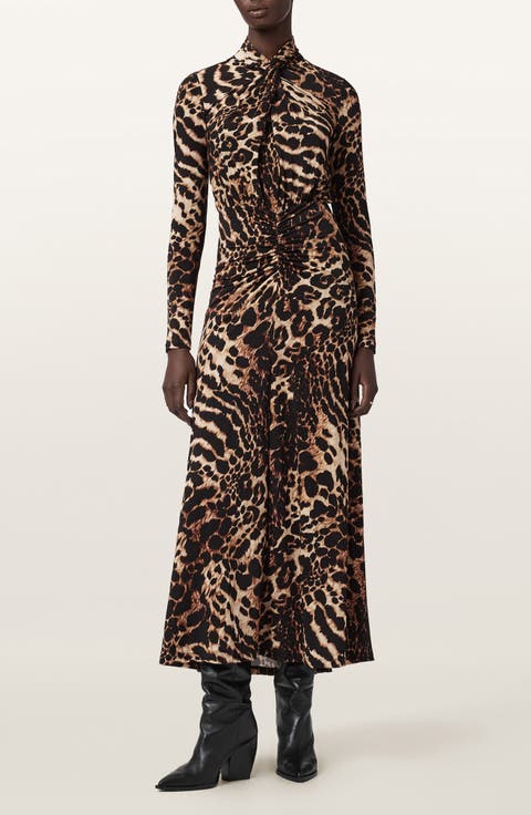 Mina Ruched Print Long Sleeve Maxi Dress