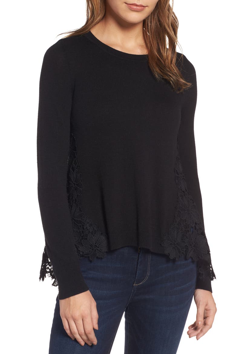 Lace Back Sweater, Main, color, BLACK