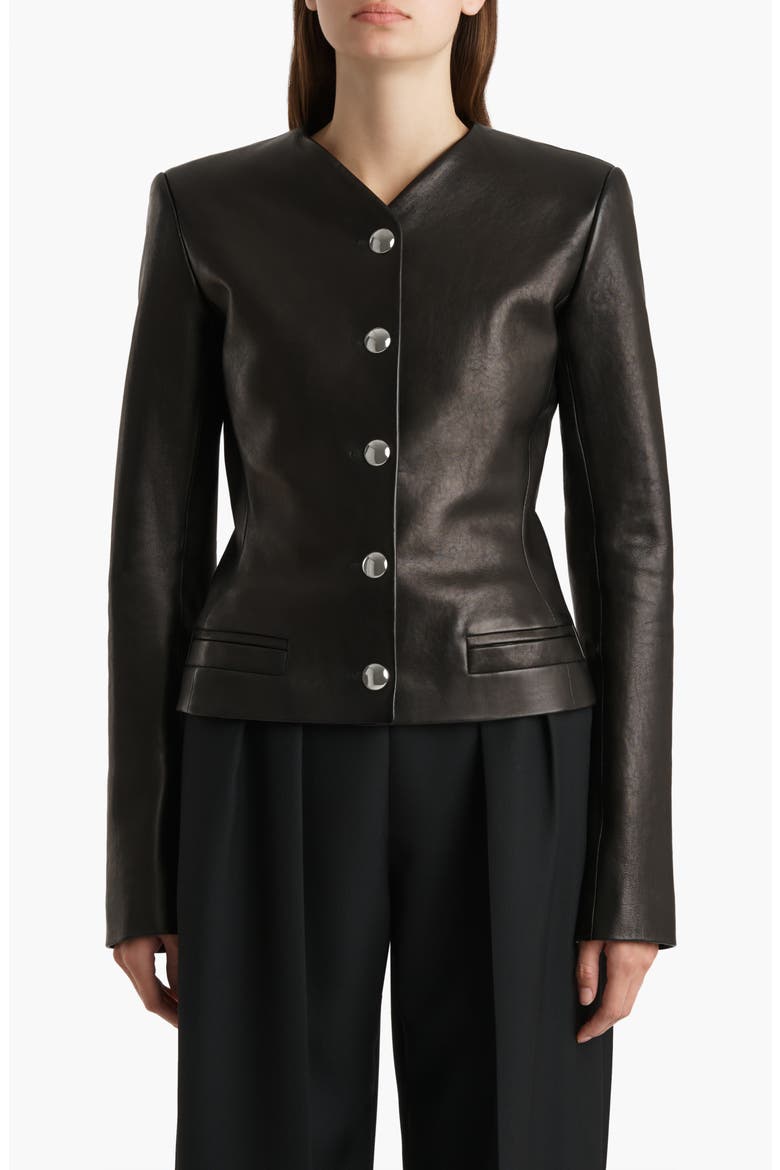 Nara Collarless Leather Jacket, Main, color, BLACK