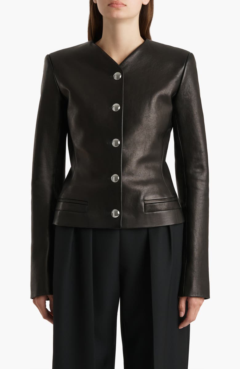 Khaite Nara Collarless Leather Jacket, Main, color, Black