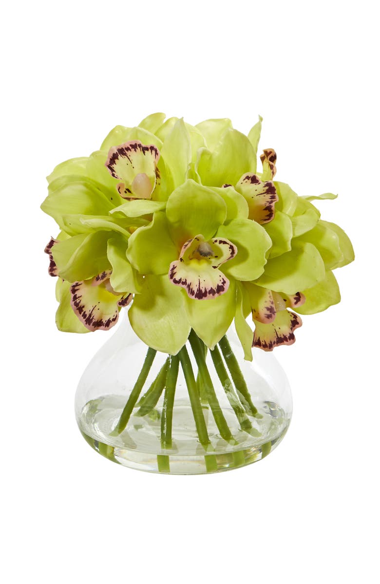 NEARLY NATURAL Cymbidium Orchid Artificial Arrangement in Glass Vase, Main, color, Green