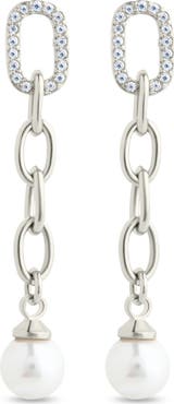 Sterling Forever Daphne Cubic Zirconia & Faux Pearl Chain Drop Earrings