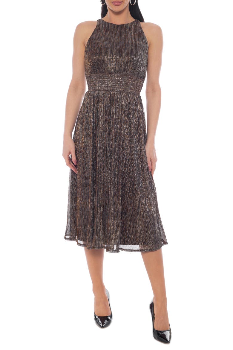 Sleeveless Metallic Plissé Midi Dress, Main, color, COPPER