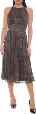 Marina Sleeveless Metallic Plissé Midi Dress