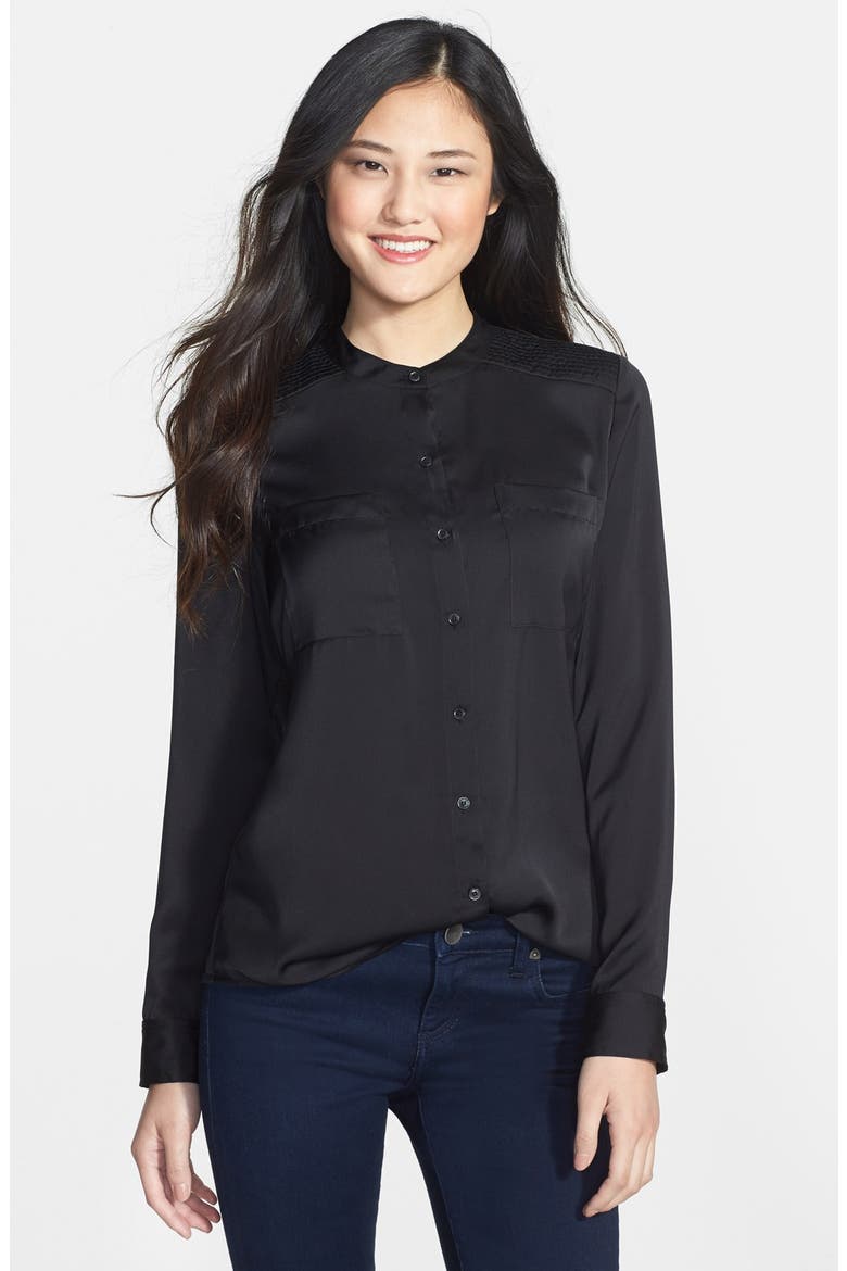 Collarless Button Front Blouse, Main, color, BLACK