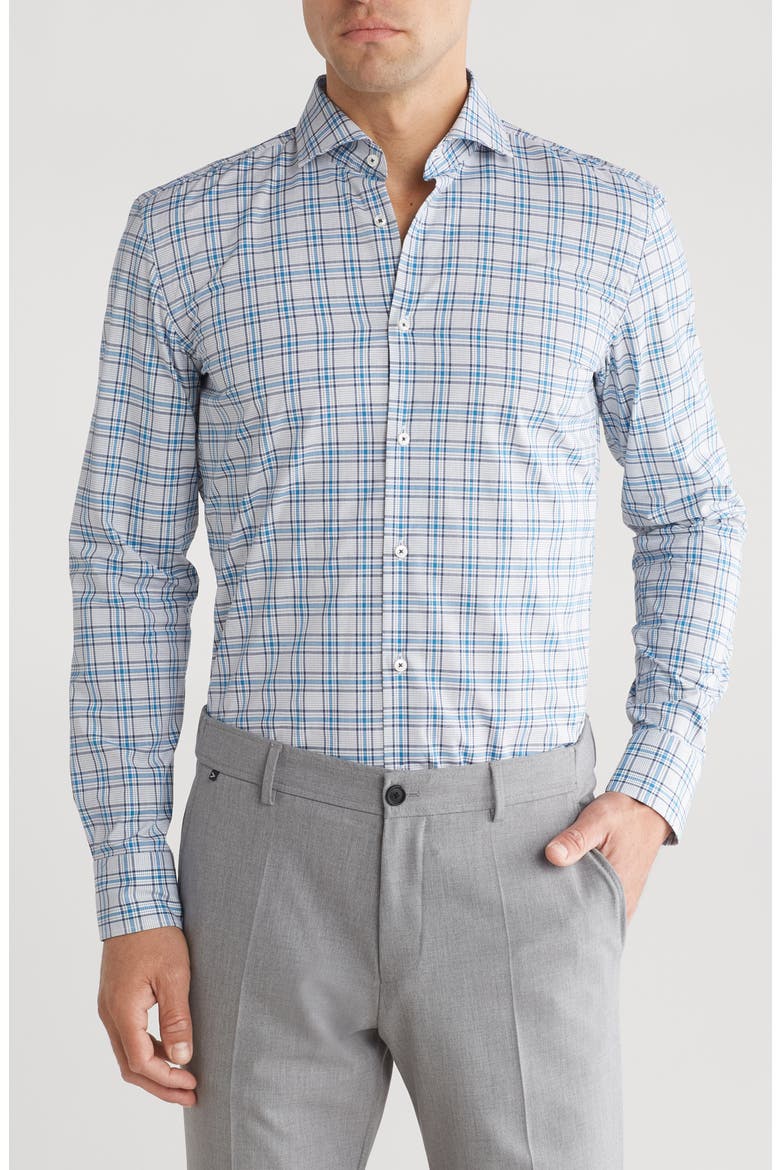 Hank Check Stretch Cotton Dress Shirt, Main, color, BRIGHT BLUE