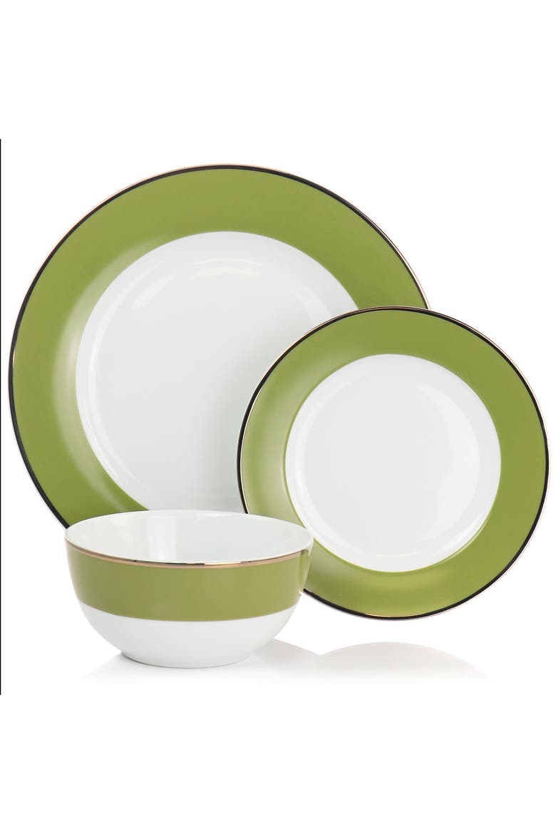 Gold Rimmed 12 piece Fine Ceramic Dinnerware Set, Alternate, color, Green