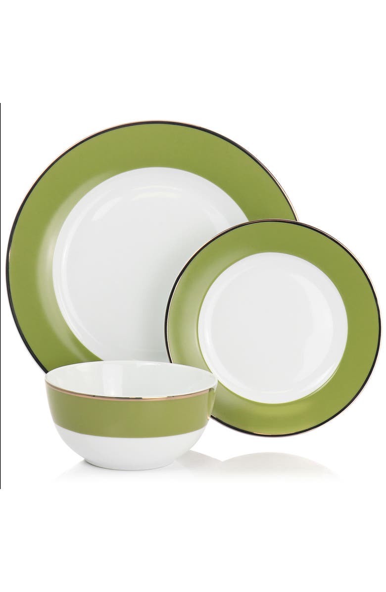 MARTHA STEWART Gold Rimmed 12 piece Fine Ceramic Dinnerware Set, Alternate, color, Green