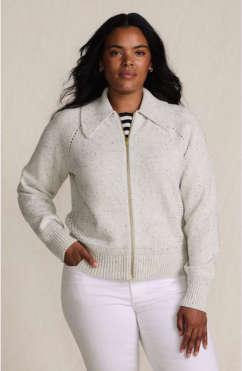 Lands' End Drifter Large Collar Zip Front Cardigan Sweater, Main, color, Pale Gray Heather Donegal