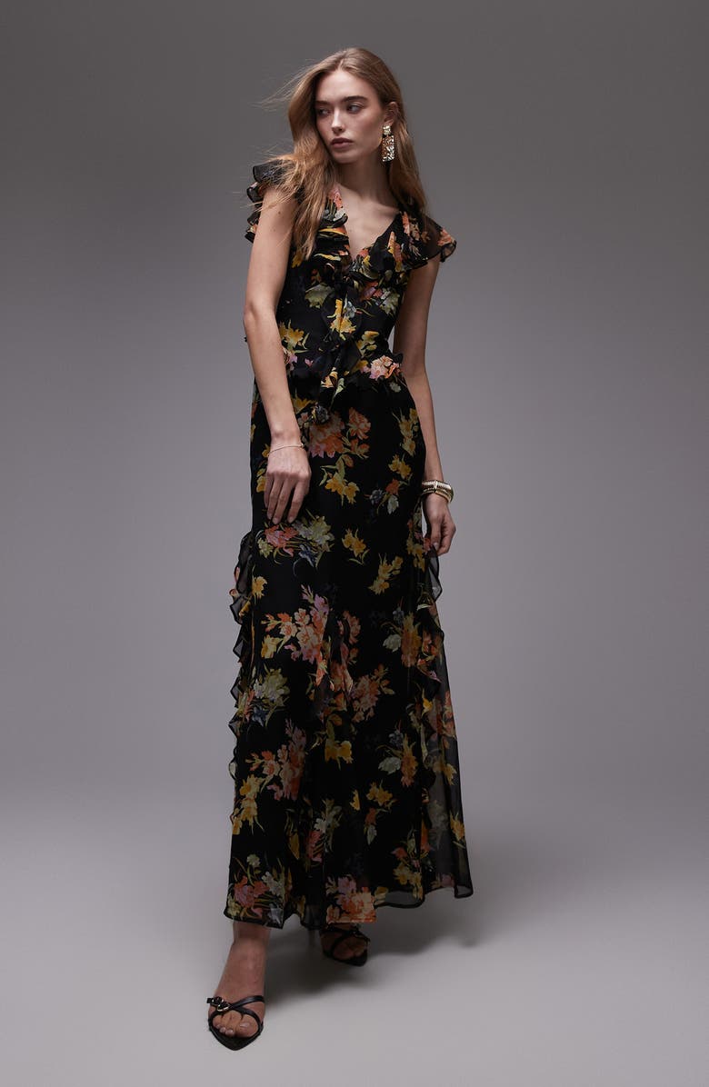 Topshop Floral Ruffle Maxi Dress, Alternate, color, Black