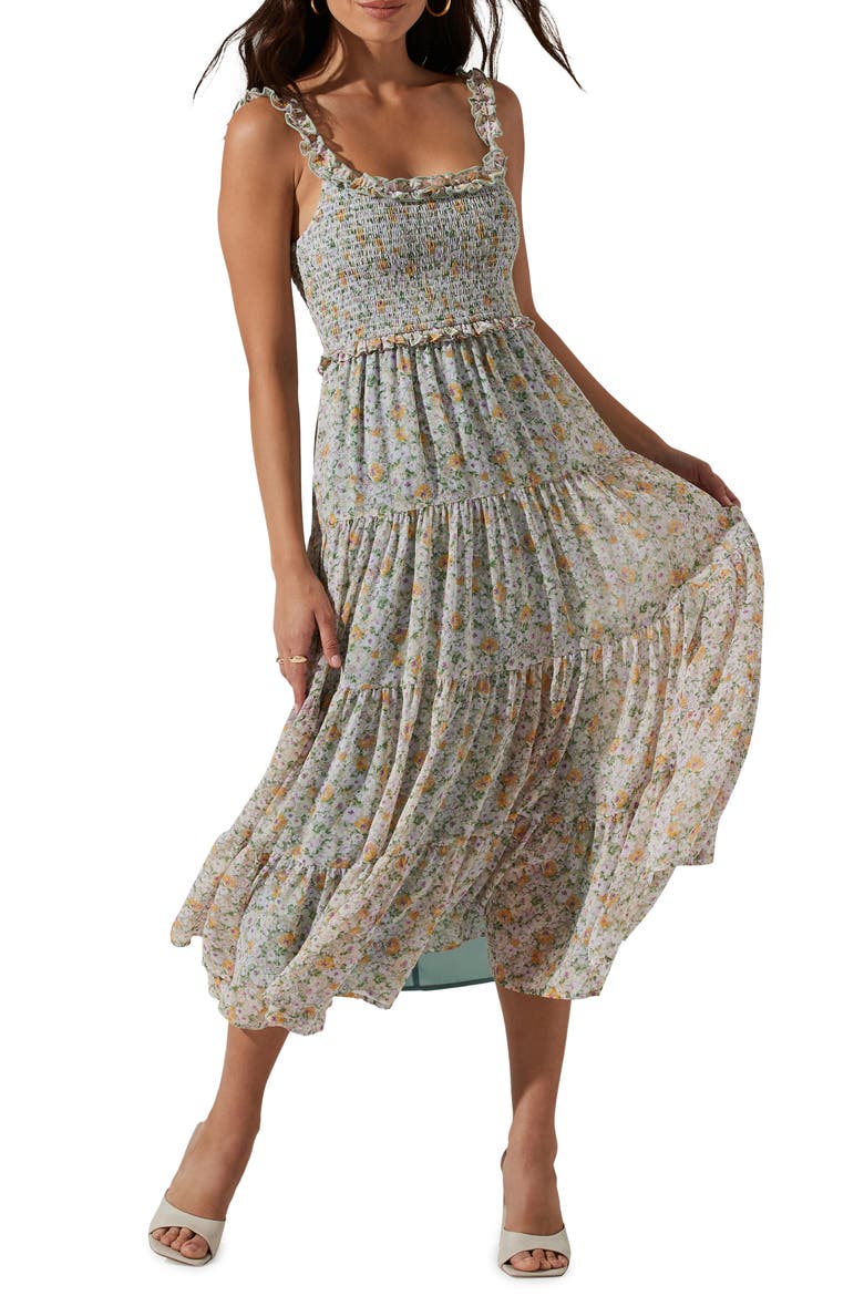 Floral Smocked Tiered Midi Dress, Main, color, LILAC GREEN FLORAL