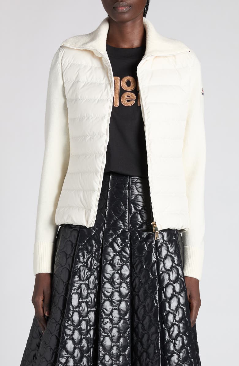 Moncler Virgin Wool Knit & Quilted Down Cardigan, Main, color, White