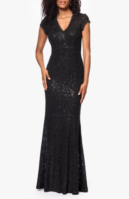 Betsy & Adam Sequin Embroidered Mermaid Gown in Black 