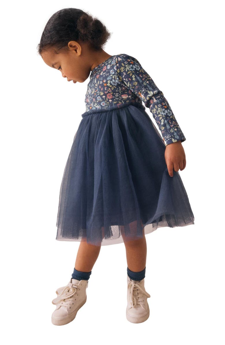NEXT Kids' Floral Mixed Media Long Sleeve Tulle Dress, Alternate, color, Blue