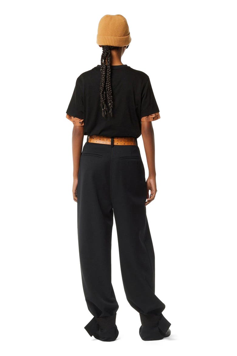 Pants in Wool Twill and Monogram Print Leather, Alternate, color, Black