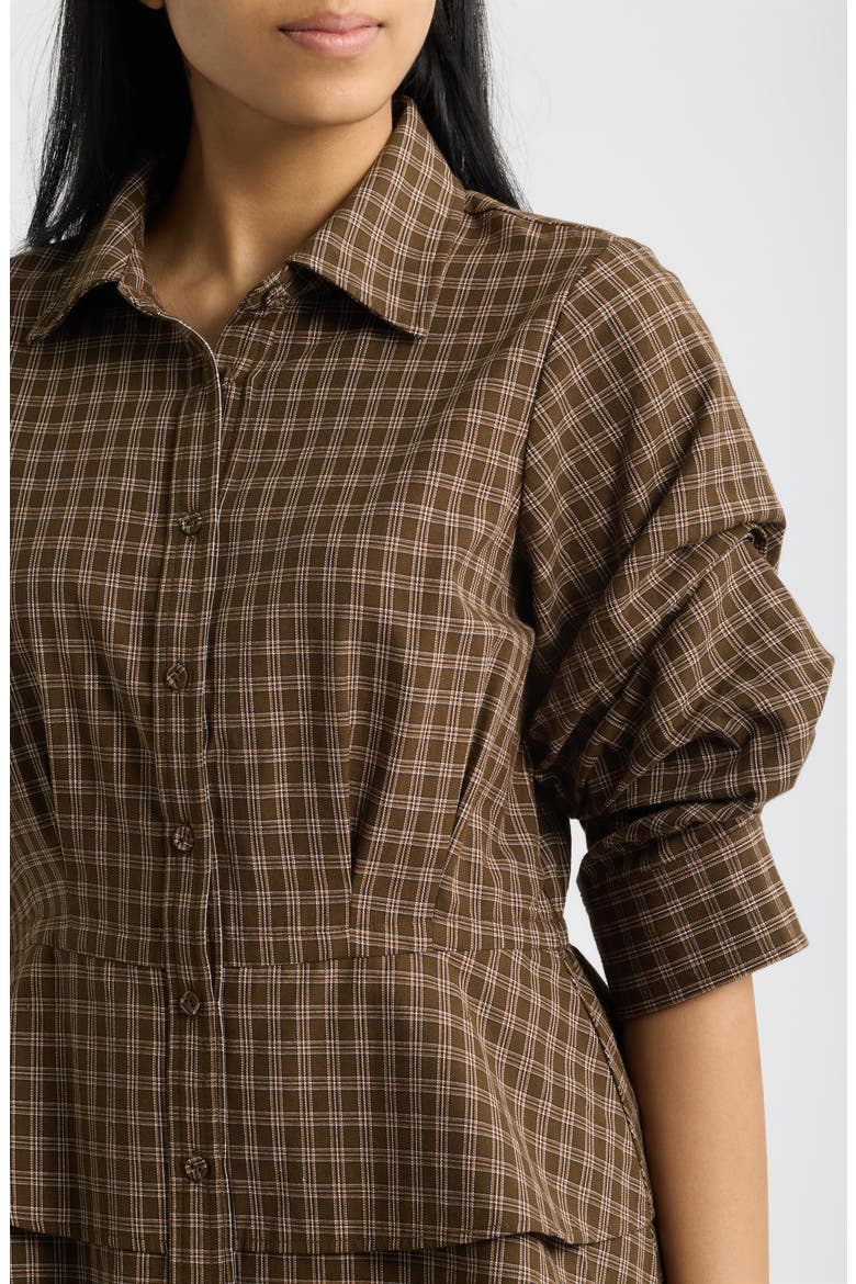 Plaid Ruched Sleeve Peplum Shirt, Alternate, color, COLD BREW MULTI