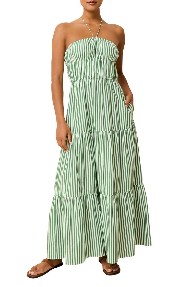 The Jodie Stripe Halter Neck Maxi Sundress, Main, color, TENNIS GREEN