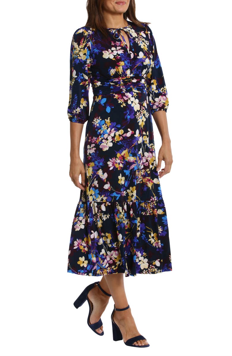 Maggy London Floral Print Tie Neck Ruffle Hem Midi Dress, Alternate, color, 