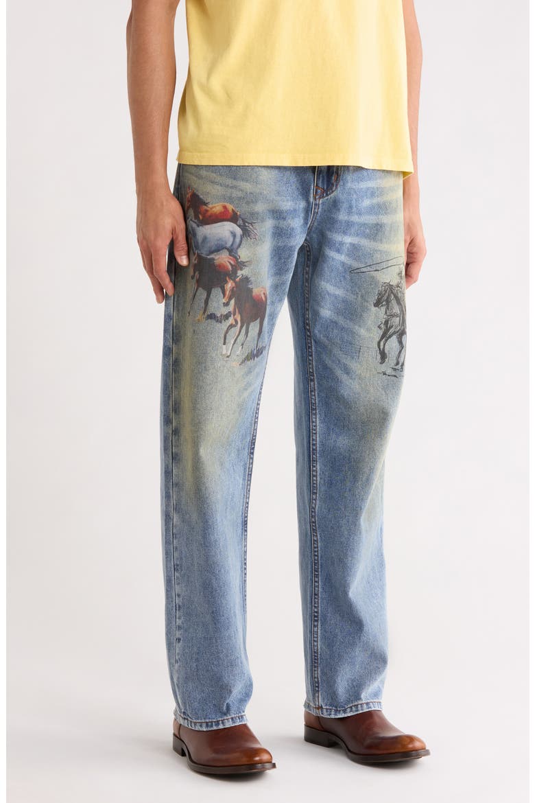 Allover Print Straight Leg Jeans, Alternate, color, INDIGO