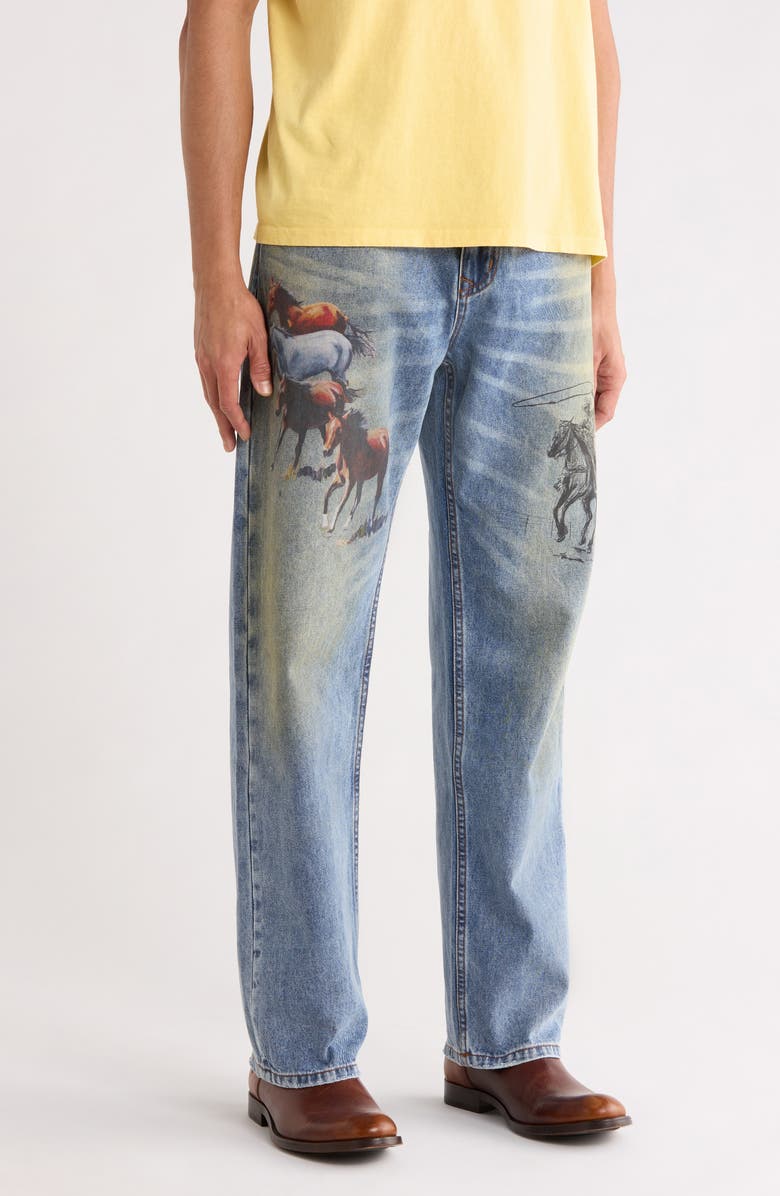 ONE OF THESE DAYS Allover Print Straight Leg Jeans, Alternate, color, Indigo