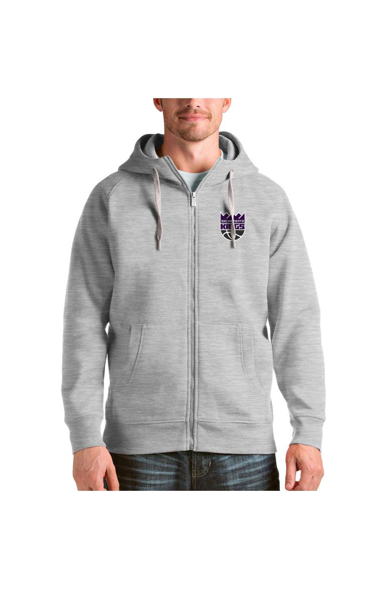 Men's Antigua Heathered Gray Sacramento Kings Logo Victory Full-Zip Hoodie, Main, color, Heather Gray