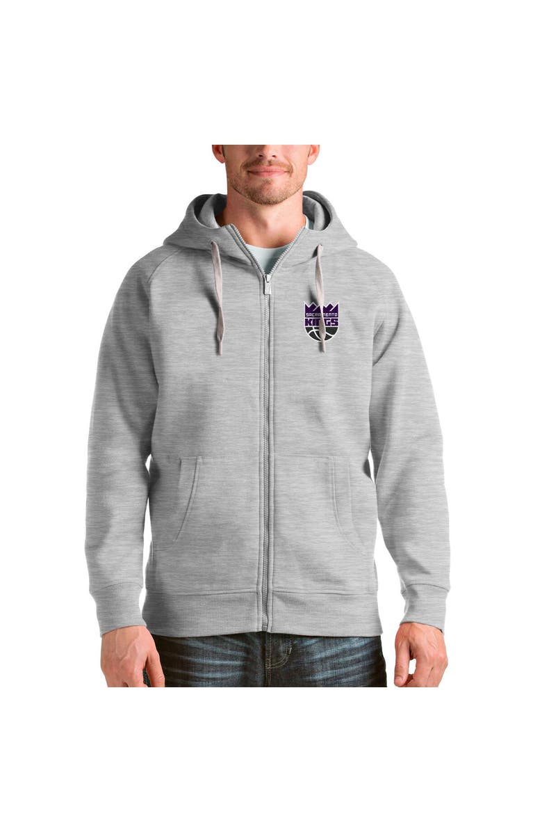 ANTIGUA Men's Antigua Heathered Gray Sacramento Kings Logo Victory Full-Zip Hoodie, Main, color, Heather Gray