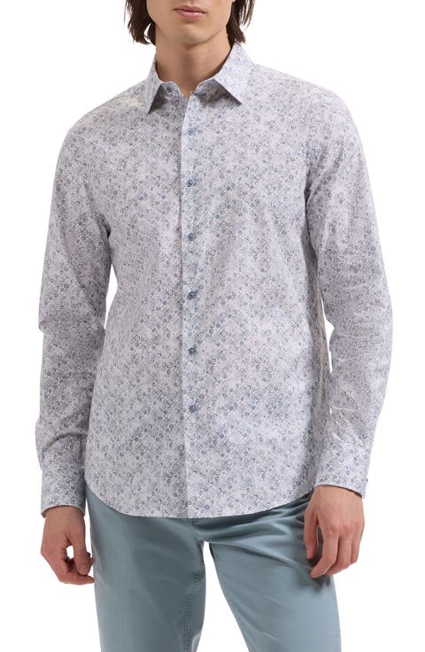 Julian Shaped Fit Medallion Print Stretch Cotton Button-Up Shirt